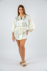 Feather white satin robe with feather-trimmed cuffs – elegant women’s loungewear