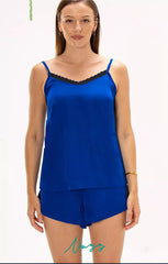 Royal blue satin set with black lace